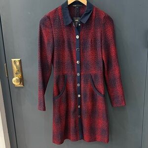 Maje Red and Navy Tweed Long-Sleeve Button Dress